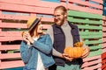 Young adult man and woman holding pumpkin in hands, standing near fence Royalty Free Stock Photo