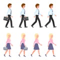 Young, adult man and woman walking sequence poses vector illustration. Moving forward, fast, slow going people cartoon character Royalty Free Stock Photo