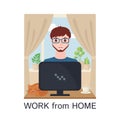 Young adult man working at home with computer in flat style