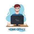 Young adult man working at home with computer in flat style Royalty Free Stock Photo