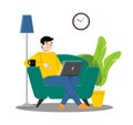 Young adult man working at home vector concept illustration. Freelancer character with laptop sitting in cozy armchair with a cup Royalty Free Stock Photo