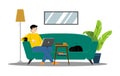 Young adult man working at home vector concept illustration. Freelancer character with laptop sitting in cozy sofa with a cup of Royalty Free Stock Photo