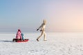 Young adult mother wear warm jacket enjoy have fun sledging two cute little sibling kids boy girl frozen white snow lake Royalty Free Stock Photo