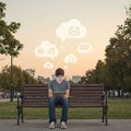 Young adult on park bench with digital thoughts. Royalty Free Stock Photo