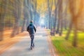 Young adult person riding modern electric scooter along beautiful colorful autumn city park. Man driving gadget vehicle through Royalty Free Stock Photo