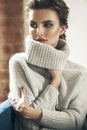 Young adult sensuality brunette woman in gray sweater