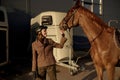 Young adult smiling rider woman stroking horse nose