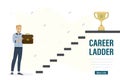 Young adult stands near stairs and holds briefcase. Career ladder, landing page template. Employee skills development