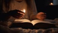 A young adult studying the Bible by candlelight in bedroom generated by AI