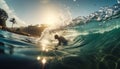 Young adult surfing in tropical Maui sunset generated by AI