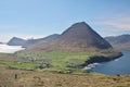 View to the majestic Malinsfjall mountain and ViÃÂ°areiÃÂ°i settlement on the ViÃÂ°oy island of the Faroe Islands.