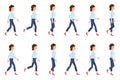 Young, adult woman in jeans walking sequence poses vector illustration. Moving forward, fast, slow going person cartoon character Royalty Free Stock Photo