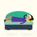 Young adult woman lying on sofa with sickness. Sick female resting or laid up on couch. Illness or desease vector illustration. G