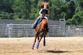 Young adult woman riding a bucking horse