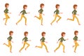 Young adult woman in yellow pants running sequence poses vector illustration. Fast moving forward office cartoon character Royalty Free Stock Photo