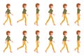 Young adult woman in yellow pants walking sequence poses vector illustration. Moving forward going girl cartoon character set