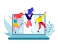 Young adults jumping out of laptop screen with joy. Cheerful virtual meeting celebration. Digital friendship and online Royalty Free Stock Photo