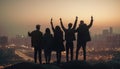 Young adults standing in city, arms raised celebrating generated by AI