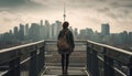 Young adults standing outdoors, looking at urban skyline and skyscrapers generated by AI