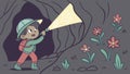 Young adventurer exploring a cave, marveling at hidden flora, vector design Generative AI Royalty Free Stock Photo