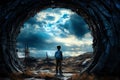 Young adventurer in front of portal to fantasy dimensions that radiate power and energy, dramatic, saturated, high contrast, power