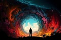 Young adventurer in front of portal to fantasy dimensions that radiate power and energy, dramatic, saturated, high contrast, power