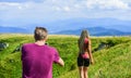 Young adventurers. Travel together with darling. Couple taking photo. Couple in love hiking mountains. Lets take photo Royalty Free Stock Photo