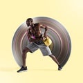 Young african-american bodybuilder training over yellow background