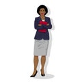 Young African American business woman with black curly hair in navy-blue jacket and light grey skirt with red folder. Strong Black