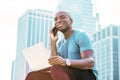 Young African American Businessman with afro short hair, traveling, working in New York Royalty Free Stock Photo