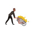 Young African-American businessman pushing wheelbarrow full of golden coins. Bitcoin and virtual money theme. Wealthy