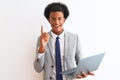 Young african american businessman using laptop standing over isolated white background surprised with an idea or question Royalty Free Stock Photo