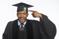 Young African American college graduate with tuition debt price tag, horizontal Royalty Free Stock Photo