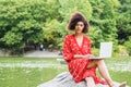 Young African American College Student with afro curly hair studying in New York City Royalty Free Stock Photo