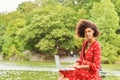 Young African American College Student with afro curly hair studying in New York City Royalty Free Stock Photo