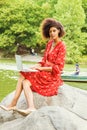 Young African American College Student with afro curly hair studying in New York City Royalty Free Stock Photo