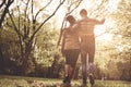 African American couple in park walking and having convers