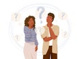 Young african american couple think about problem. Question symbol. Troubled woman and man thinking together. Vector