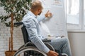 Young african american disabled man in a wheelchair makes presentation at office on whiteboard Royalty Free Stock Photo