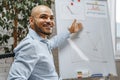 Young african american disabled man in a wheelchair makes presentation at office on whiteboard Royalty Free Stock Photo