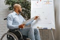 Young african american disabled man in a wheelchair makes presentation at office on whiteboard Royalty Free Stock Photo