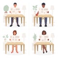 Young African American and European people are sitting at the table and reading the newspaper. The guys and the girls read the Royalty Free Stock Photo