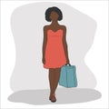 A young african american girl without a face in a sundress carries a blue suitcase. Vector illustration showing travel, trip, Royalty Free Stock Photo