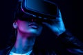 Young african american girl playing game using VR glasses, enjoying 360 degree virtual reality headset for gaming, isolated on Royalty Free Stock Photo