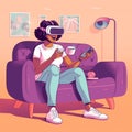 Young african american girl in vr headset sitting on couch and playing video games with Generative AI Technology. Royalty Free Stock Photo