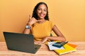 Young african american girl working at the office with laptop and calculator smiling doing phone gesture with hand and fingers Royalty Free Stock Photo