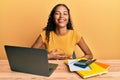 Young african american girl working at the office with laptop and calculator smiling and laughing hard out loud because funny Royalty Free Stock Photo