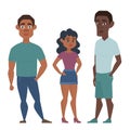 Young African American group of people, woman and two men in casual clothes Vector illustration
