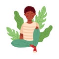 Young African American Male Resting Outdoor in Sitting Pose with Green Foliage Behind Vector Illustration