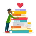 Young african-american man hugging books.